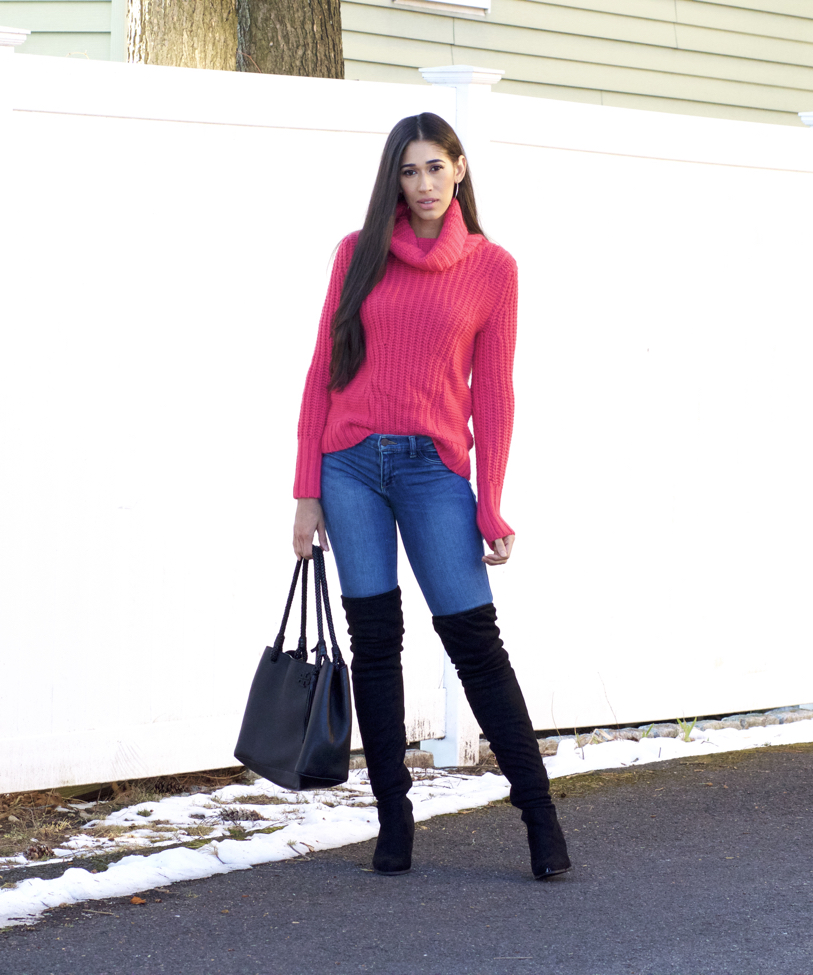 Bright Pink Sweater and Black Over the Knee Boots The Style Contour