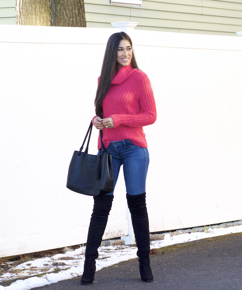 Bright Pink Sweater and Black Over the Knee Boots The Style Contour