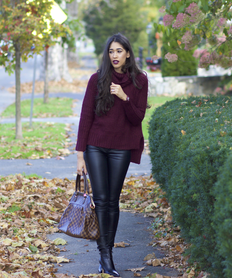 Burgundy fall outfit  Outfits with leggings, Red leather pants