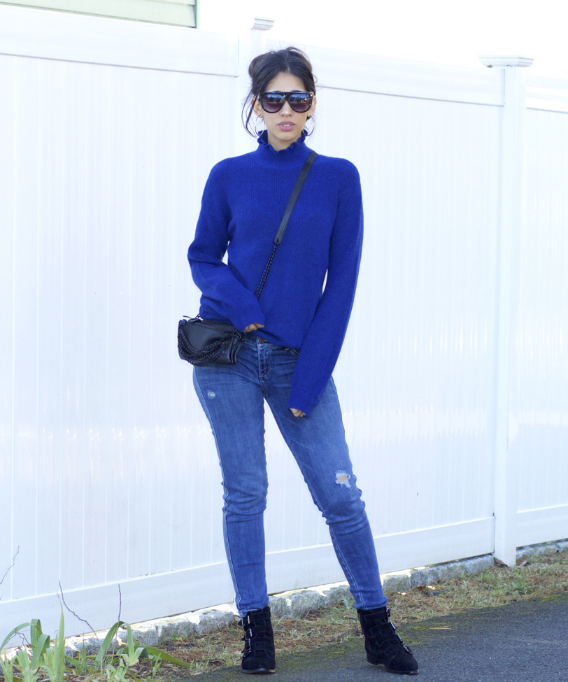 Blue store sweater outfit