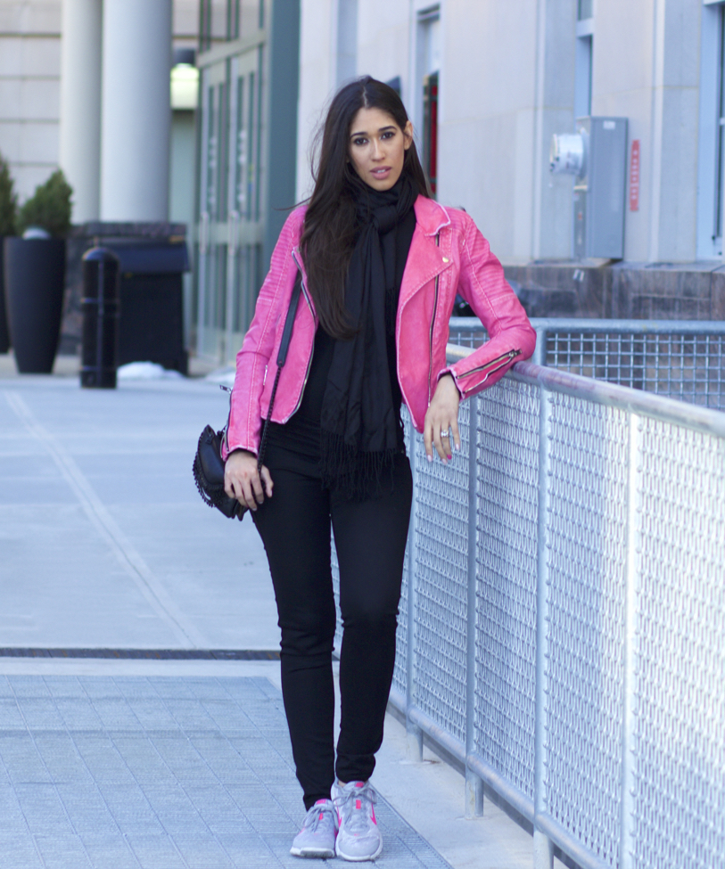 Pink jacket shop outfit ideas