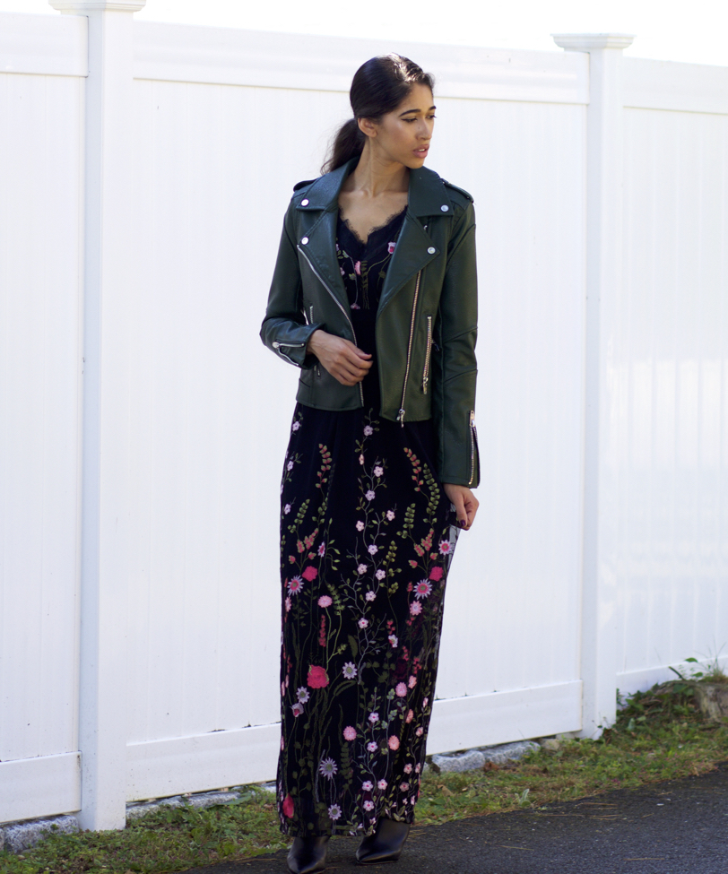 leather jacket and maxi dress