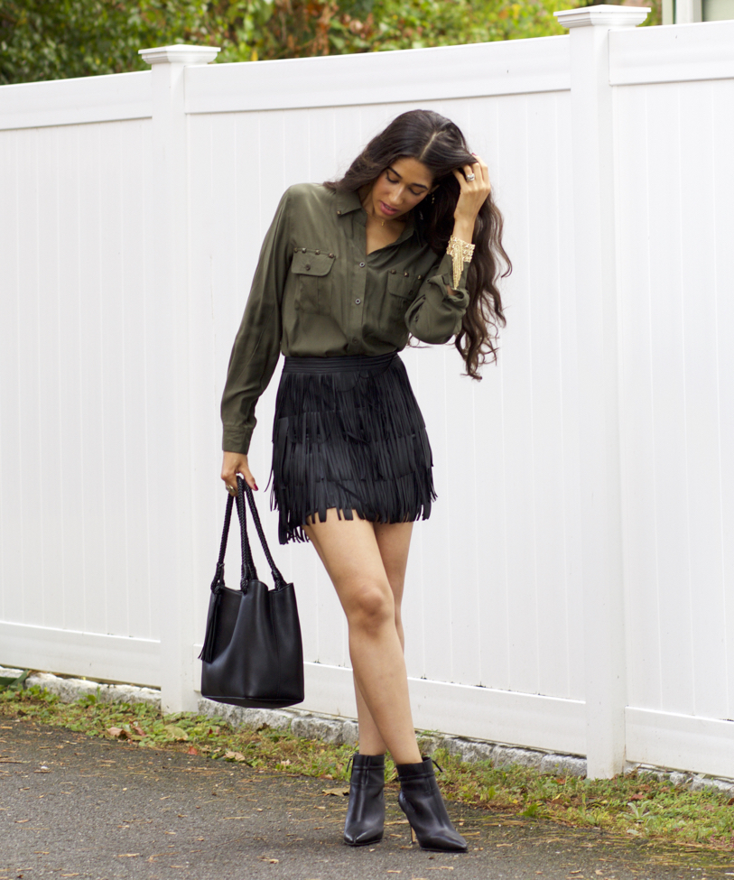 olive green skirt and black top