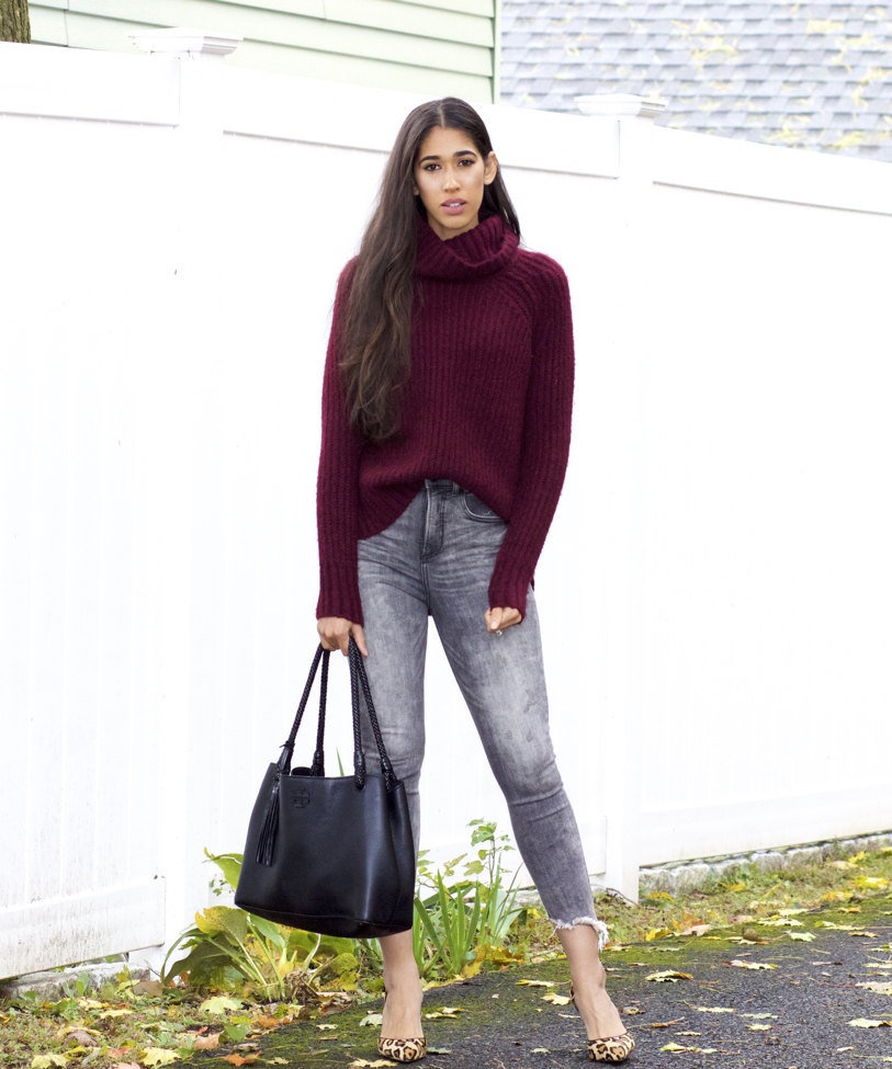 grey and burgundy outfit