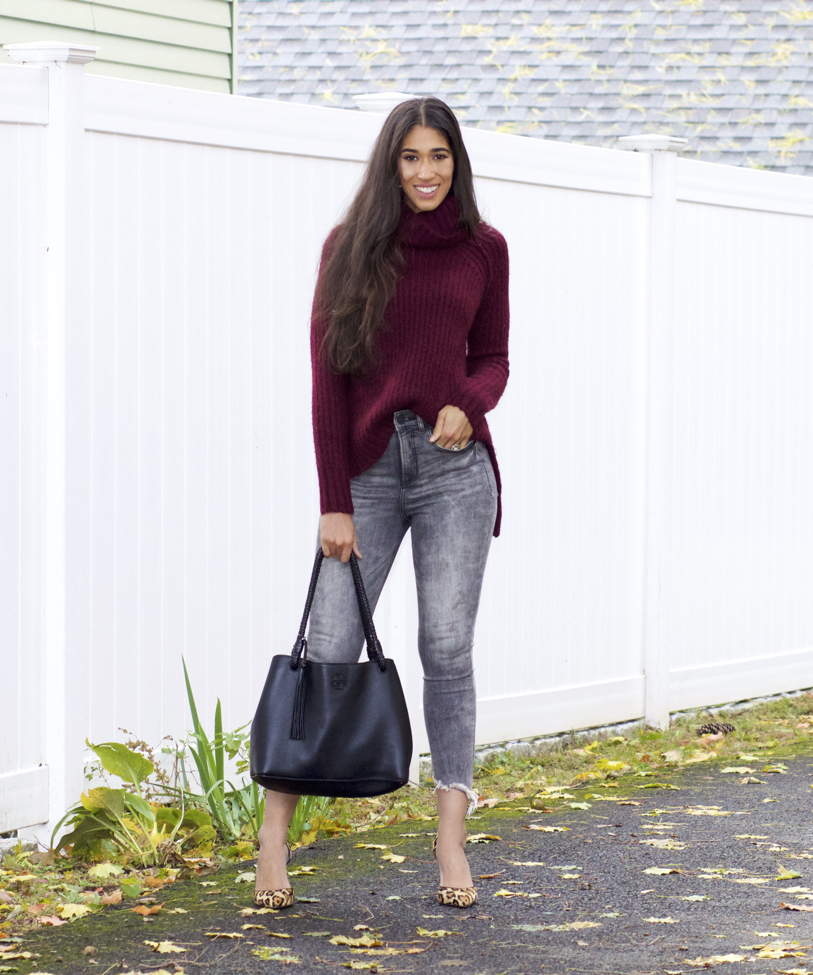 Grey and burgundy store outfit