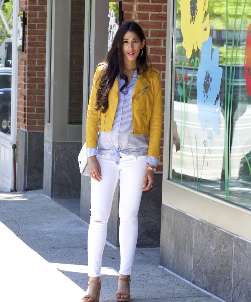 yellow and white striped shirt outfit