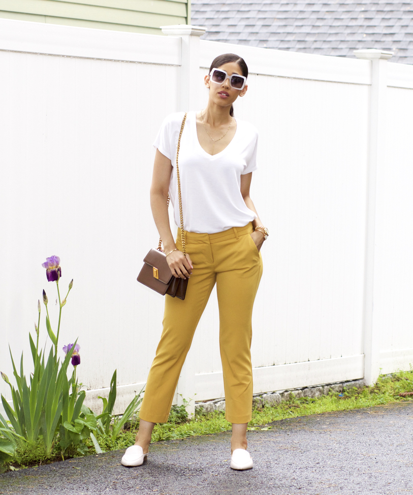 mustard and white dress