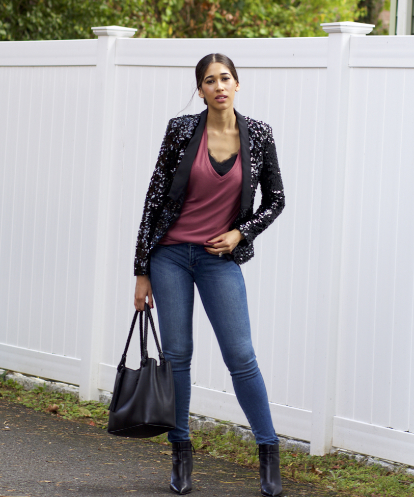 Chic fall outfit idea with long black blazer, lace camisole, black