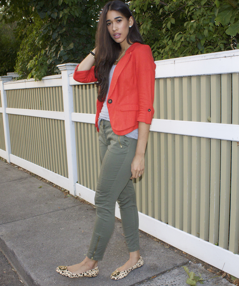 red and olive green outfit