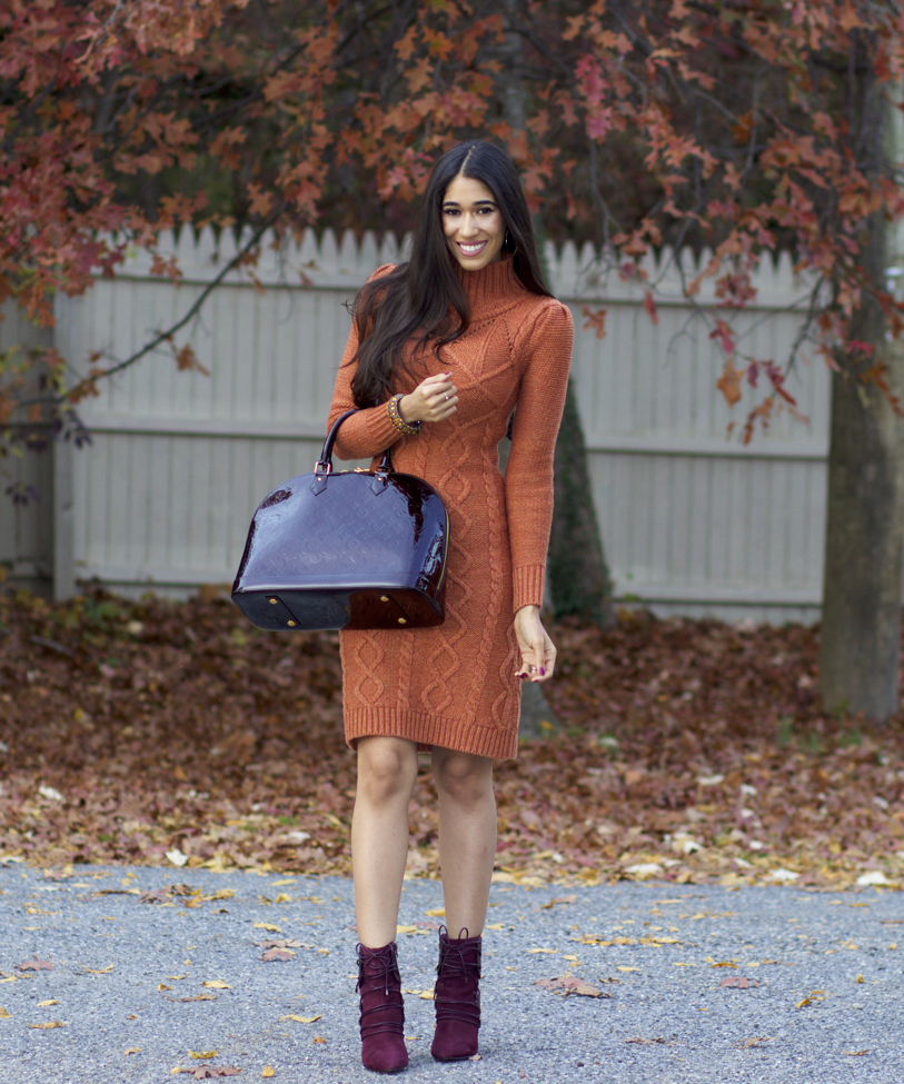 Orange Sweater Dress and Burgundy Boots The Style Contour