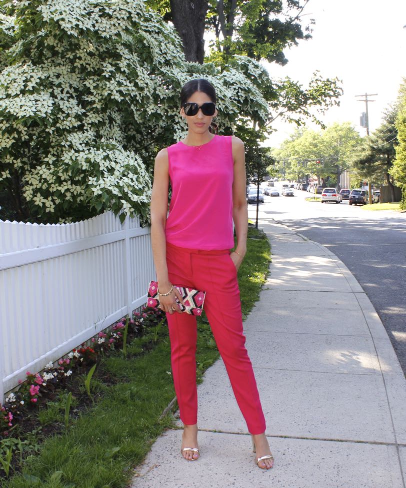 Pink top deals red pants