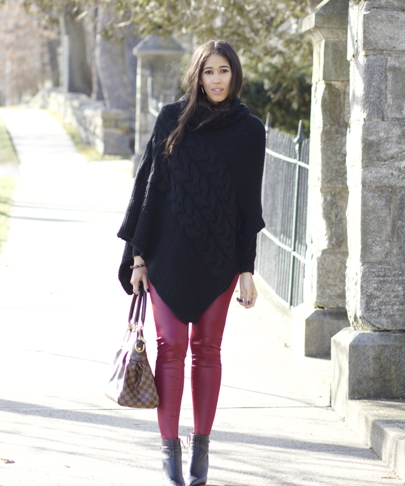 Red Leather Tote Bag with Black Leather Leggings Outfits (3 ideas