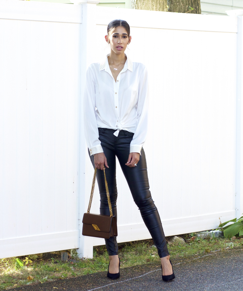 White Top & Brown Leather Shorts Outfit - The Style Contour