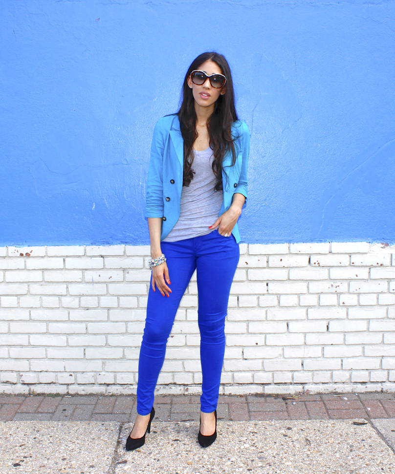 light blue top black pants