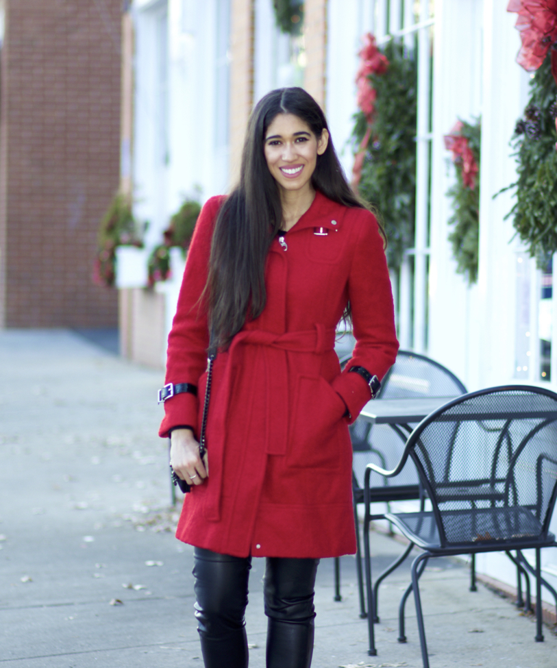 Long red coat outfit best sale