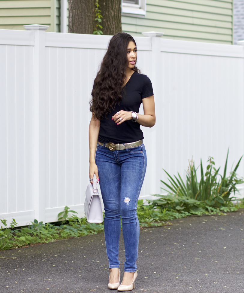 black t shirt with denim shirt