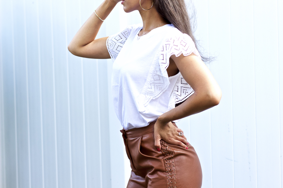 White Top & Brown Leather Shorts Outfit - The Style Contour
